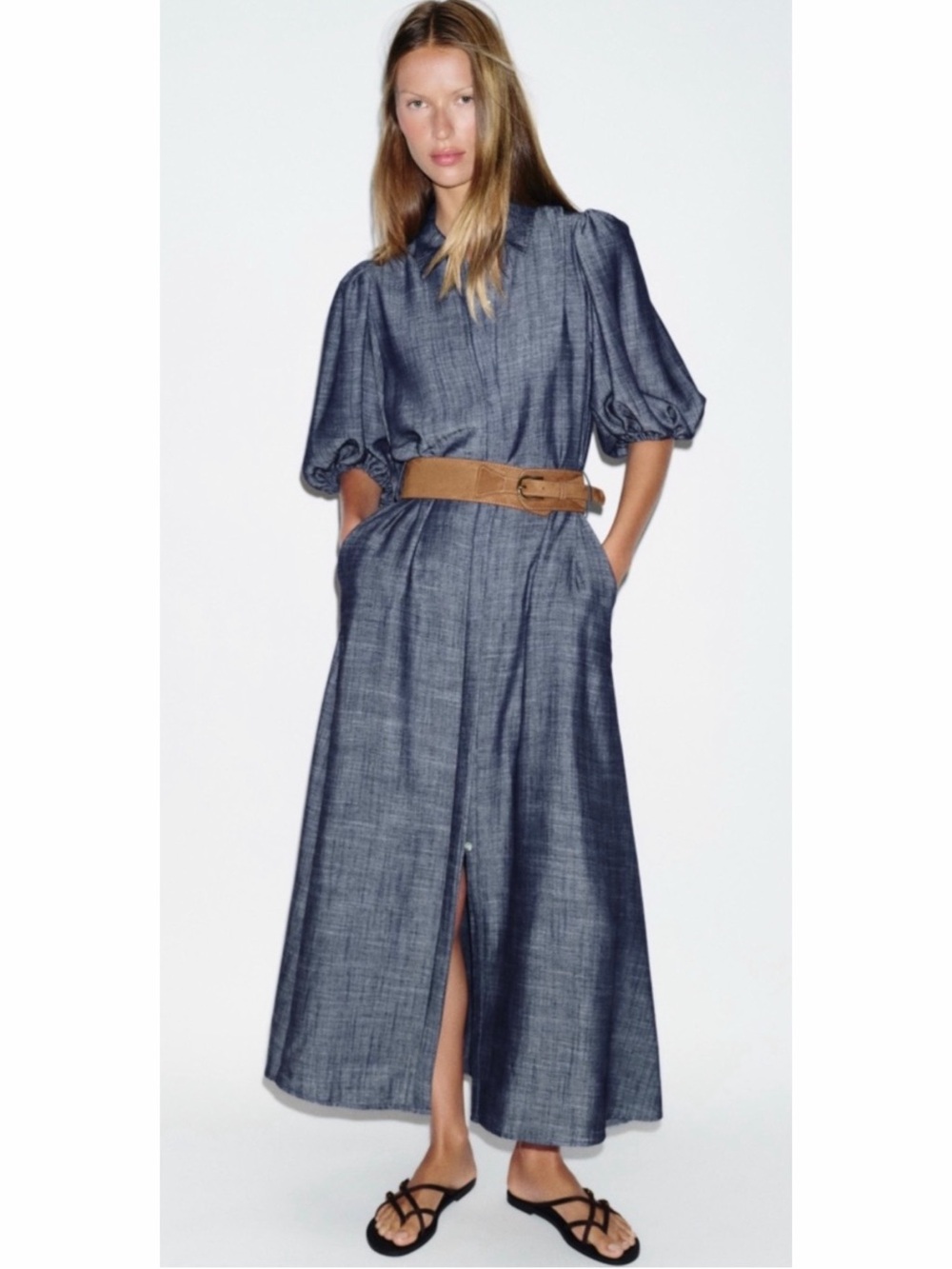 Zara, nwt, medium, chambray, belted dress